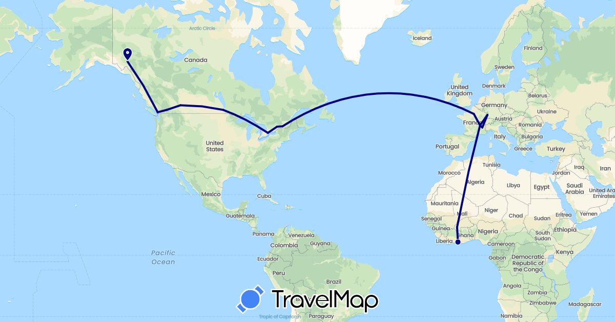 TravelMap itinerary: driving in Burkina Faso, Canada, Côte d'Ivoire, France (Africa, Europe, North America)